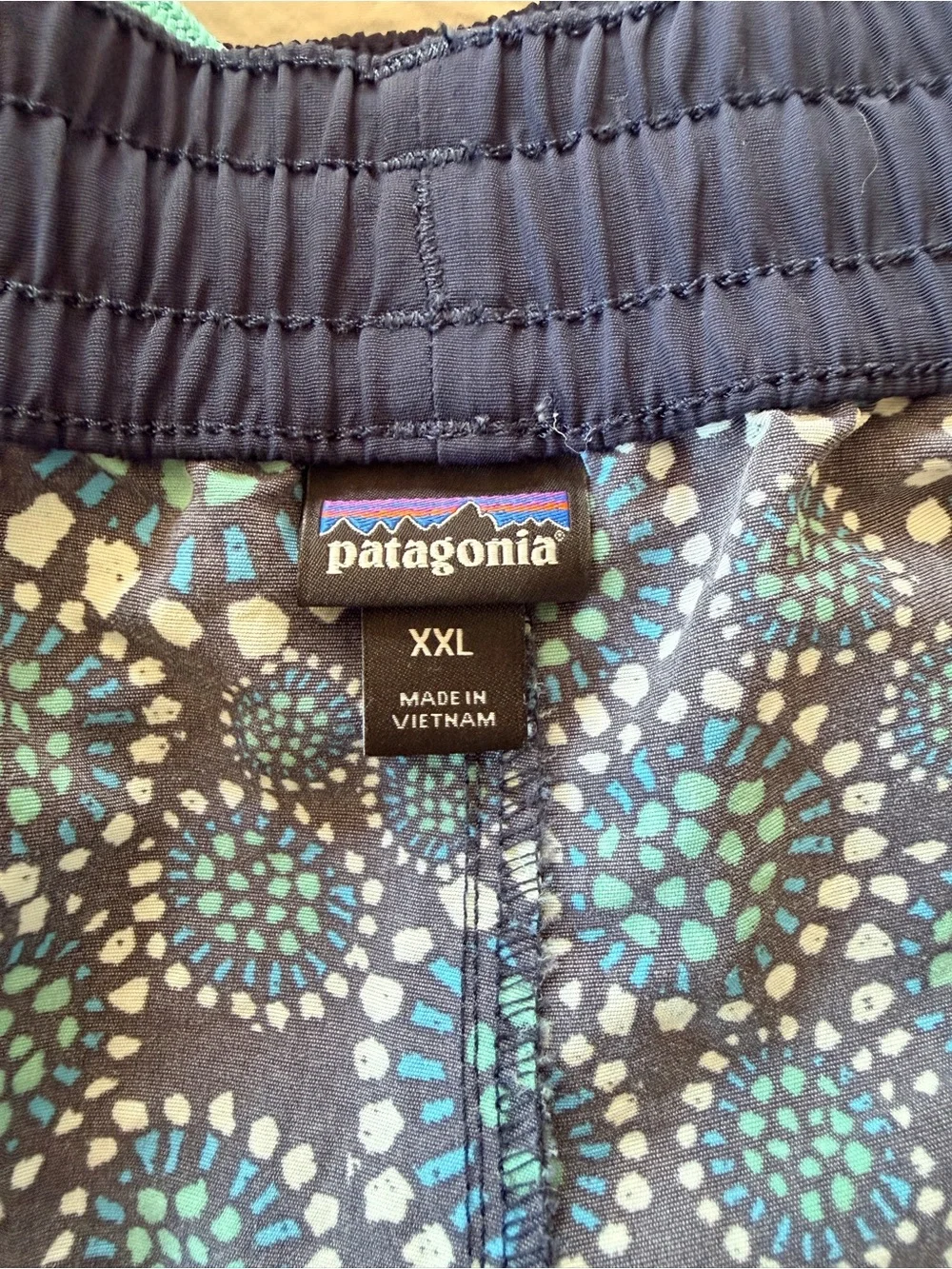 Patagonia Navy Blue Printed Girls XXL Swim Shorts with Teal Accents